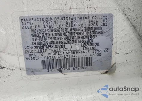 2019 Nissan Versa S z USA, uszkodzony, nr VIN 3N1CN7AP5KL876381